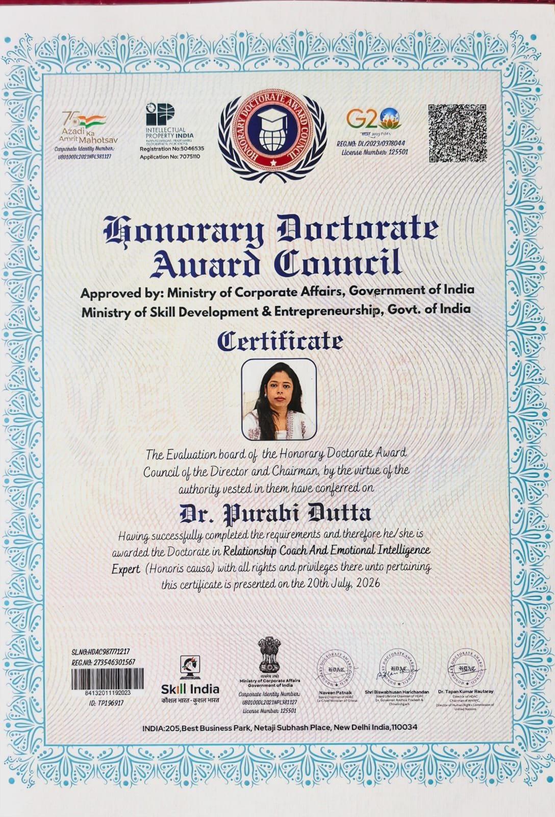 Honorary Doctorate Certificate