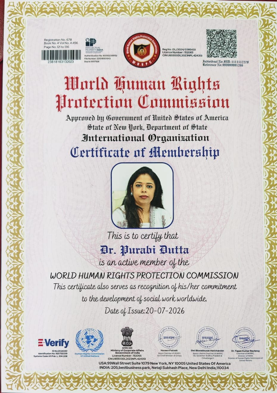 World Human Rights Protection Commission Membership Certificate